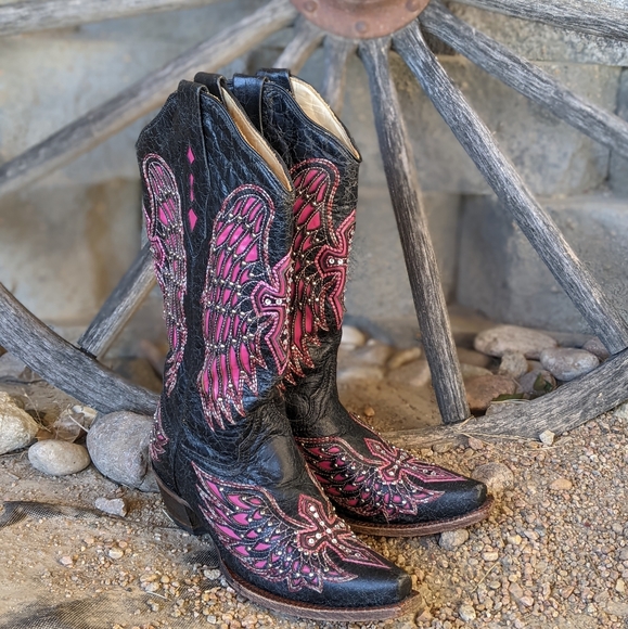 CORRAL A1049 pink/black Wing & cross snip toe blingy cowgirl western boots sz 6 - Picture 2 of 16